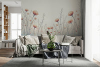 Serendipitous Whispering Blooms wallpaper highlights graceful poppy wall mural sketch.