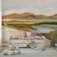 Foggy mountain and hill mural for peaceful spaces

