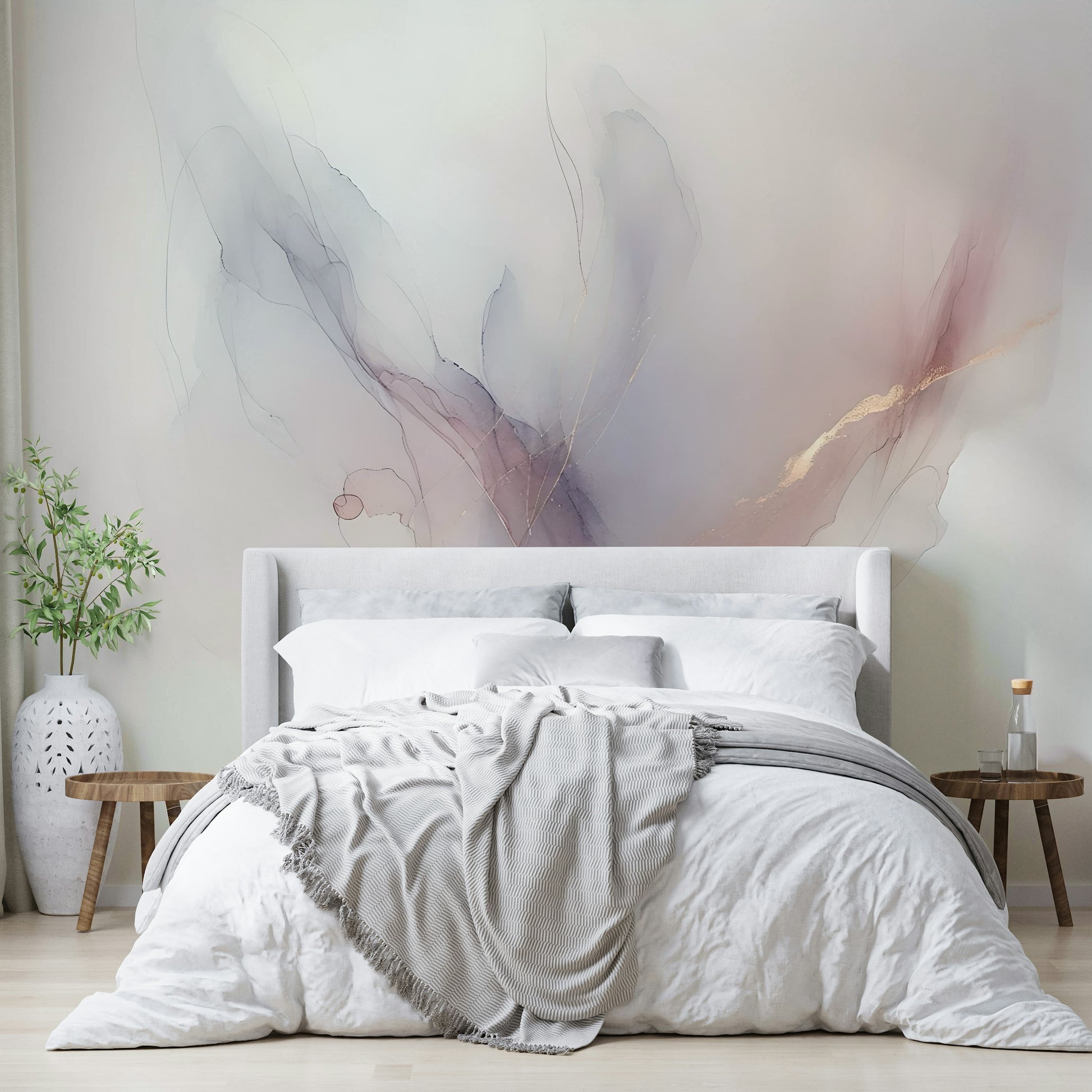 Whispering Hues Wall Mural behind a mid-century modern desk in a den.