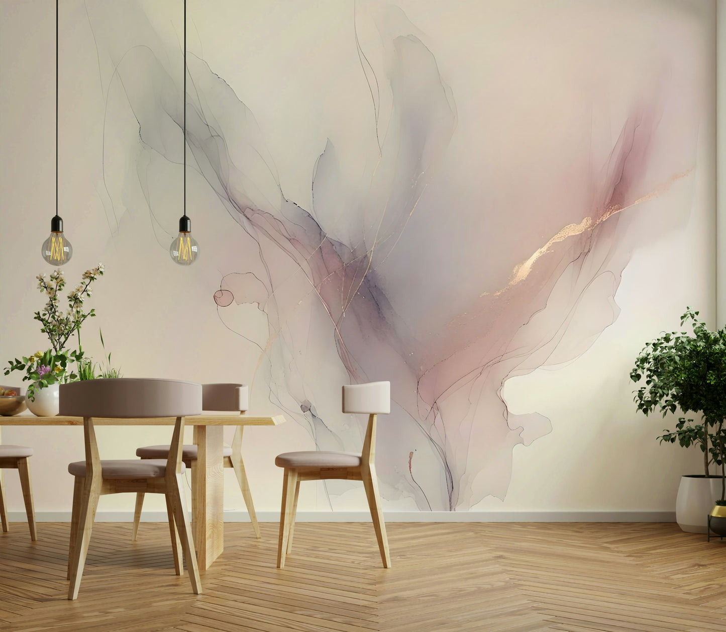 Abstract color wash wallpaper in an airy apartment dining area.