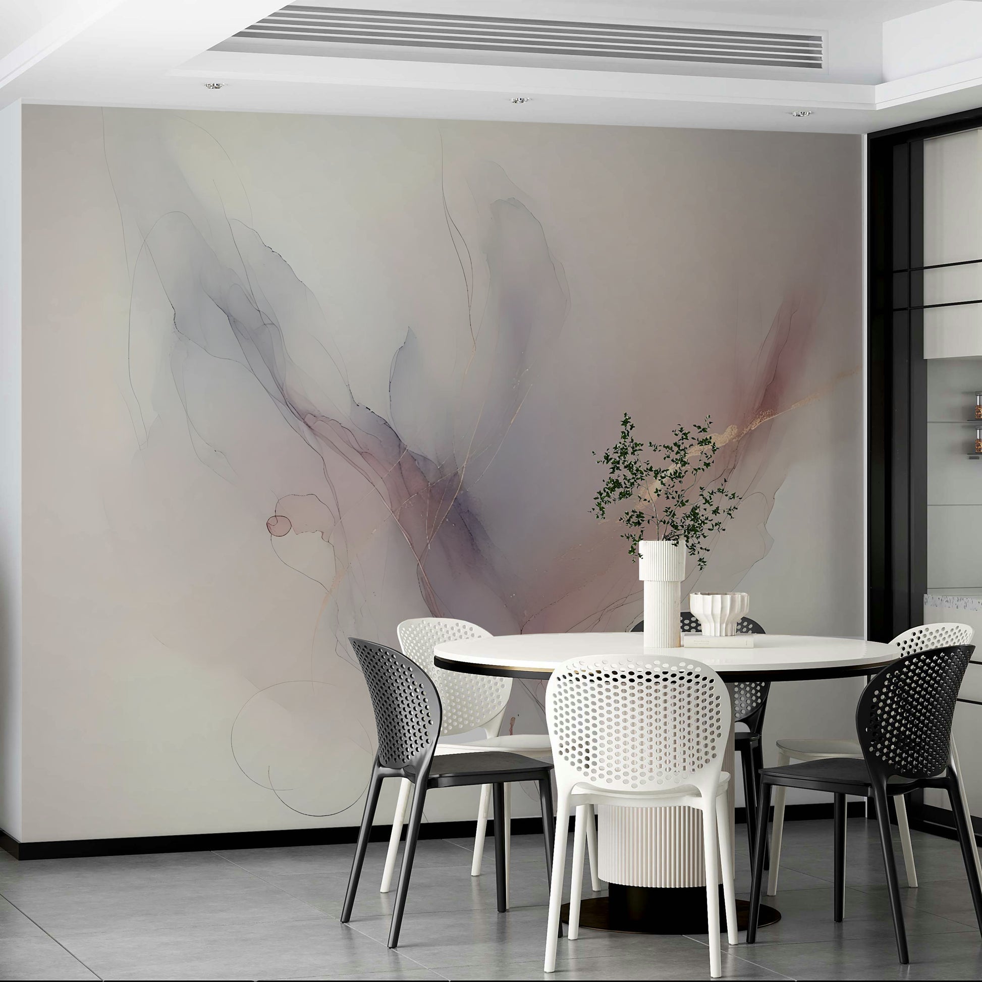 Minimalist wall decor featuring pastel tones in a bright home office.