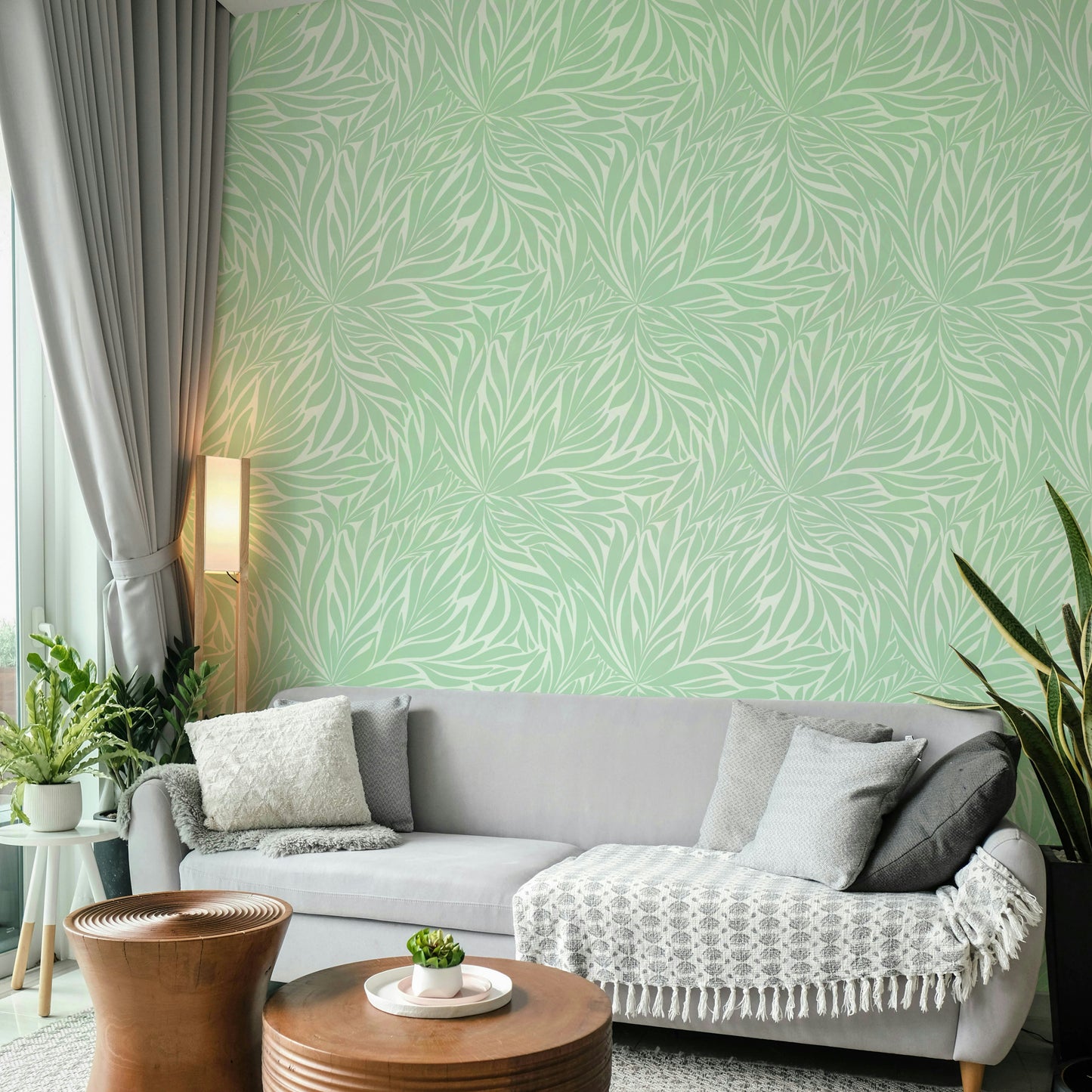 Gentle leaf pattern wallpaper in muted tones

