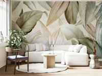 Subtle green leaves wall mural for living rooms

