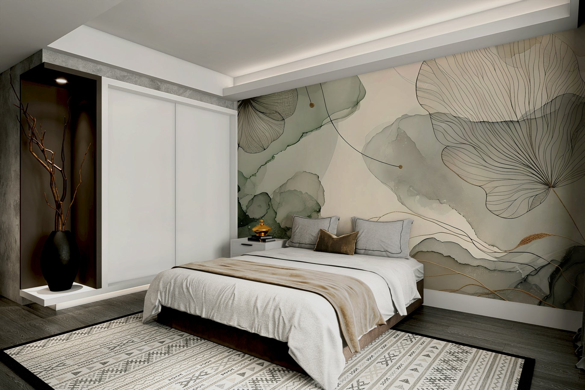 Whispering Sage Blossoms Wall Mural displayed in a bright flat with contemporary furniture.