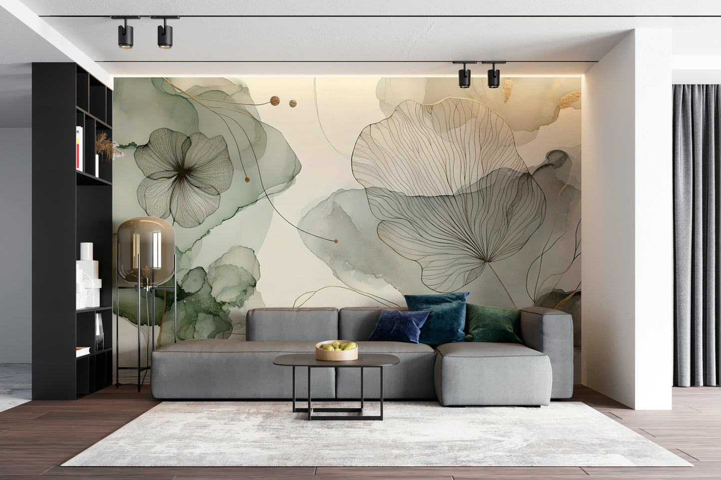 Pale mint blossom wallpaper in a dining room of a London flat.