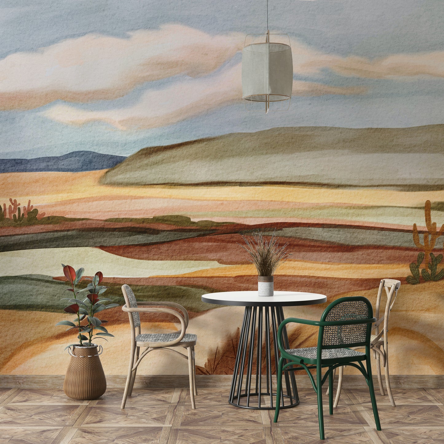 Living room styled with sand-toned wallpaper

