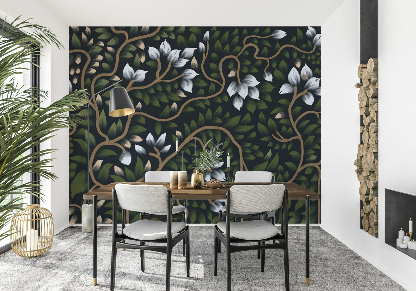 Lush jungle Whispering Secrets wallpaper for walls creates cozy vibes.