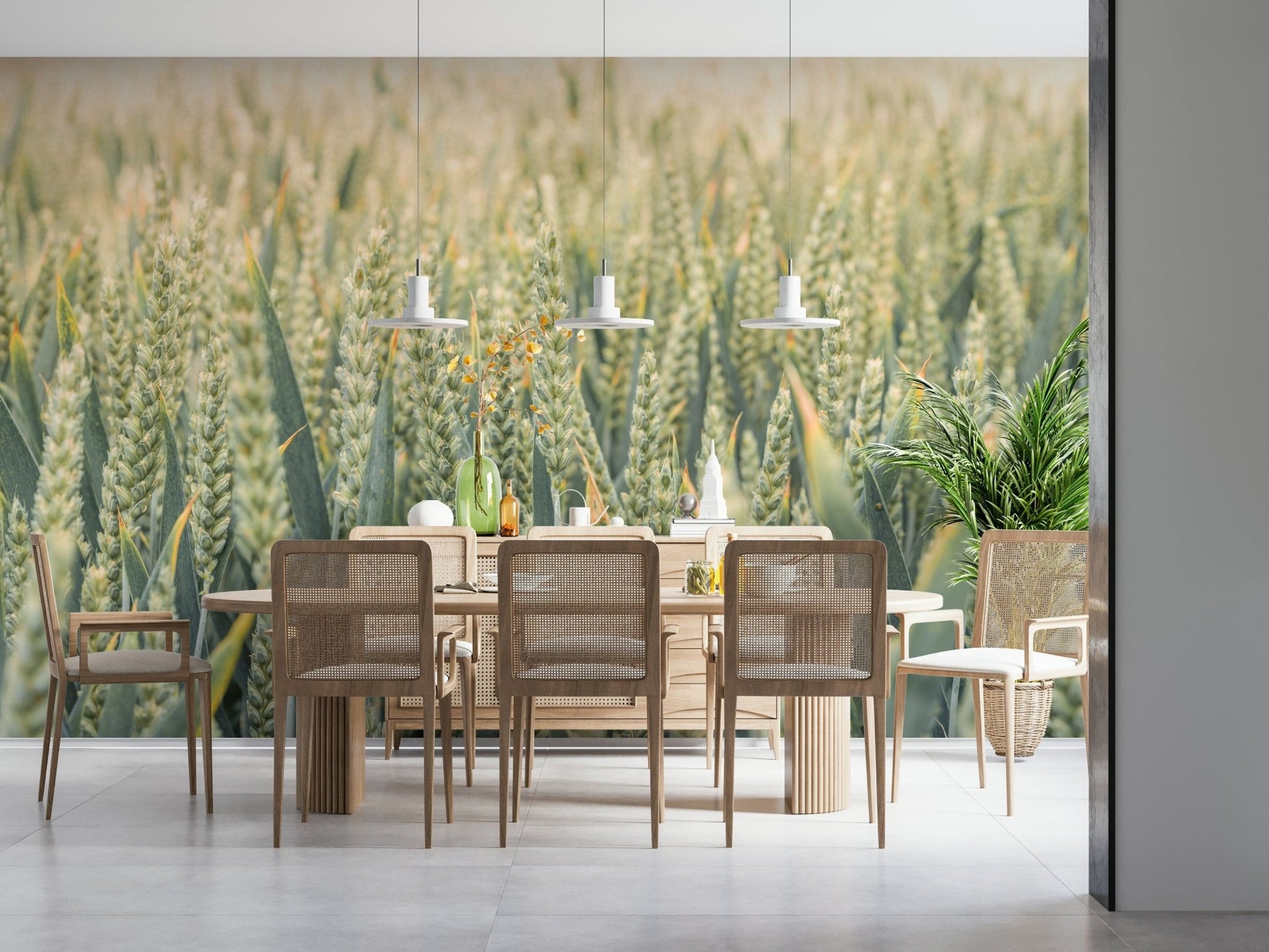 A minimalist wheat field wallpaper with delicate golden grains swaying gracefully.