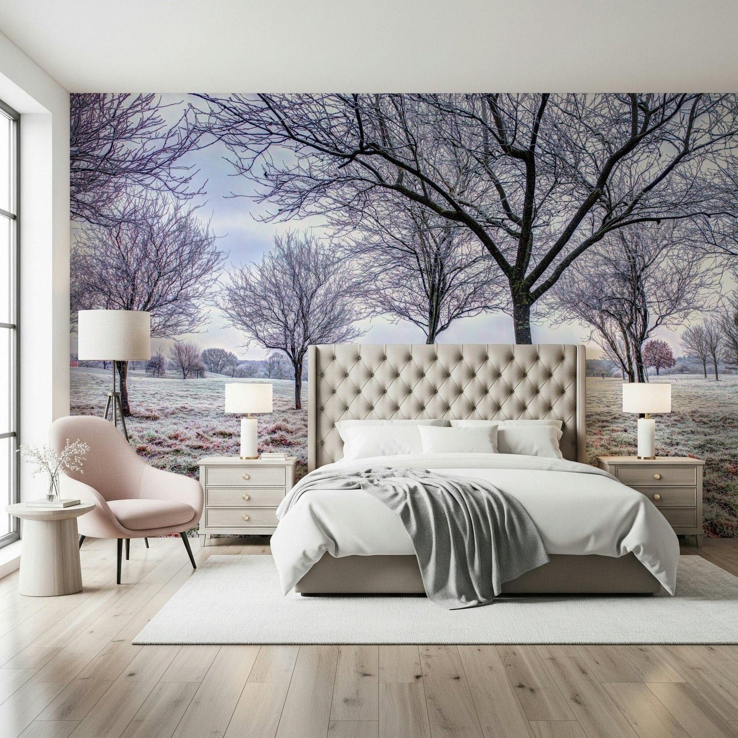 Muted colors, chilly field, Whispering Winter Fields accent wallpaper.