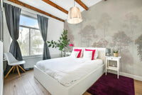 Misty evergreen forest scene for a traditional dining room wall.