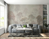 Whispering Woods Wall Mural featuring tall silver birch trees on a feature wall.