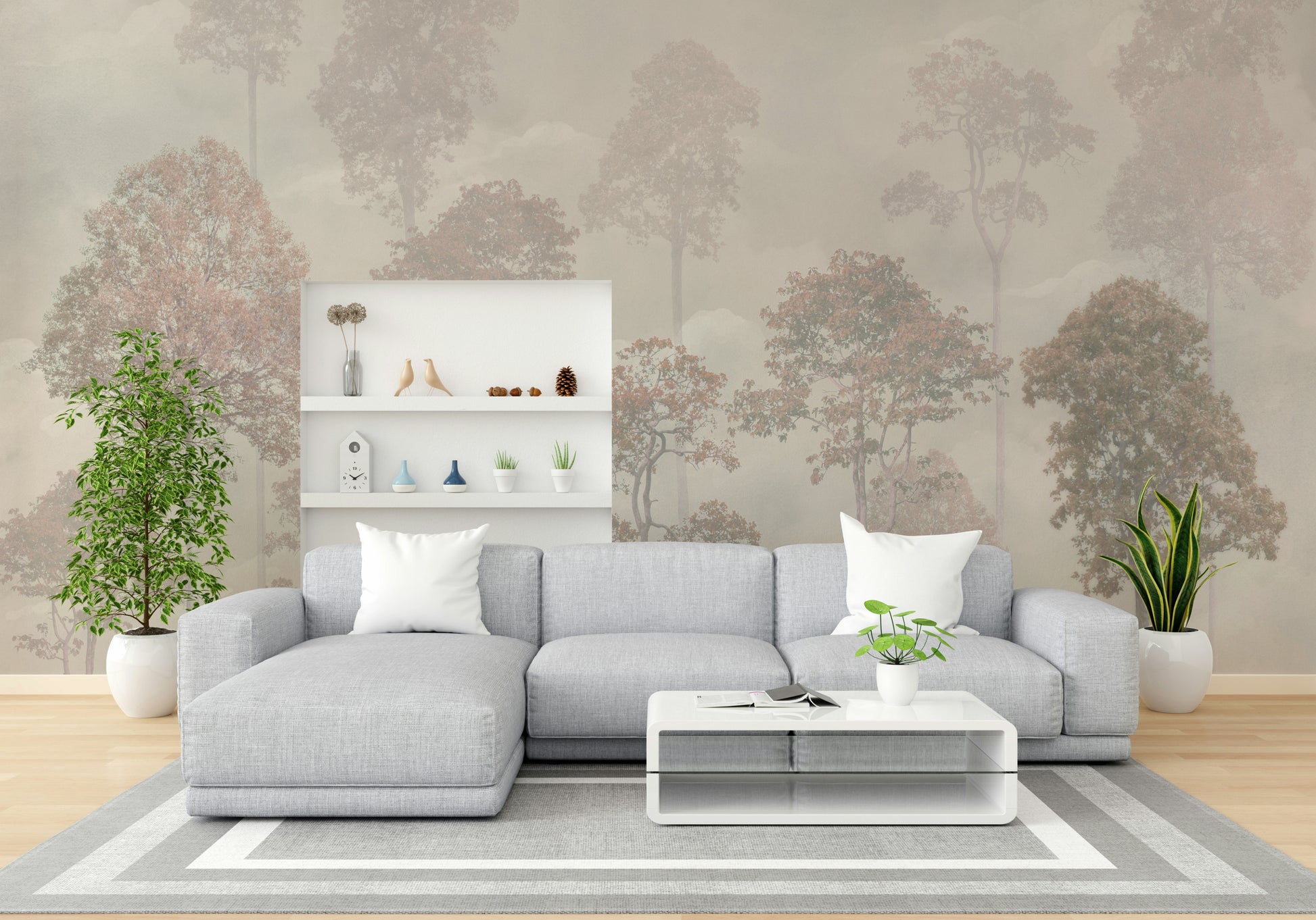 Whispering Woods Wall Mural with atmospheric woodland depth in a large kitchen.