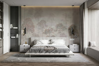 Woodland landscape wallpaper in a minimalist study with Scandinavian furniture.