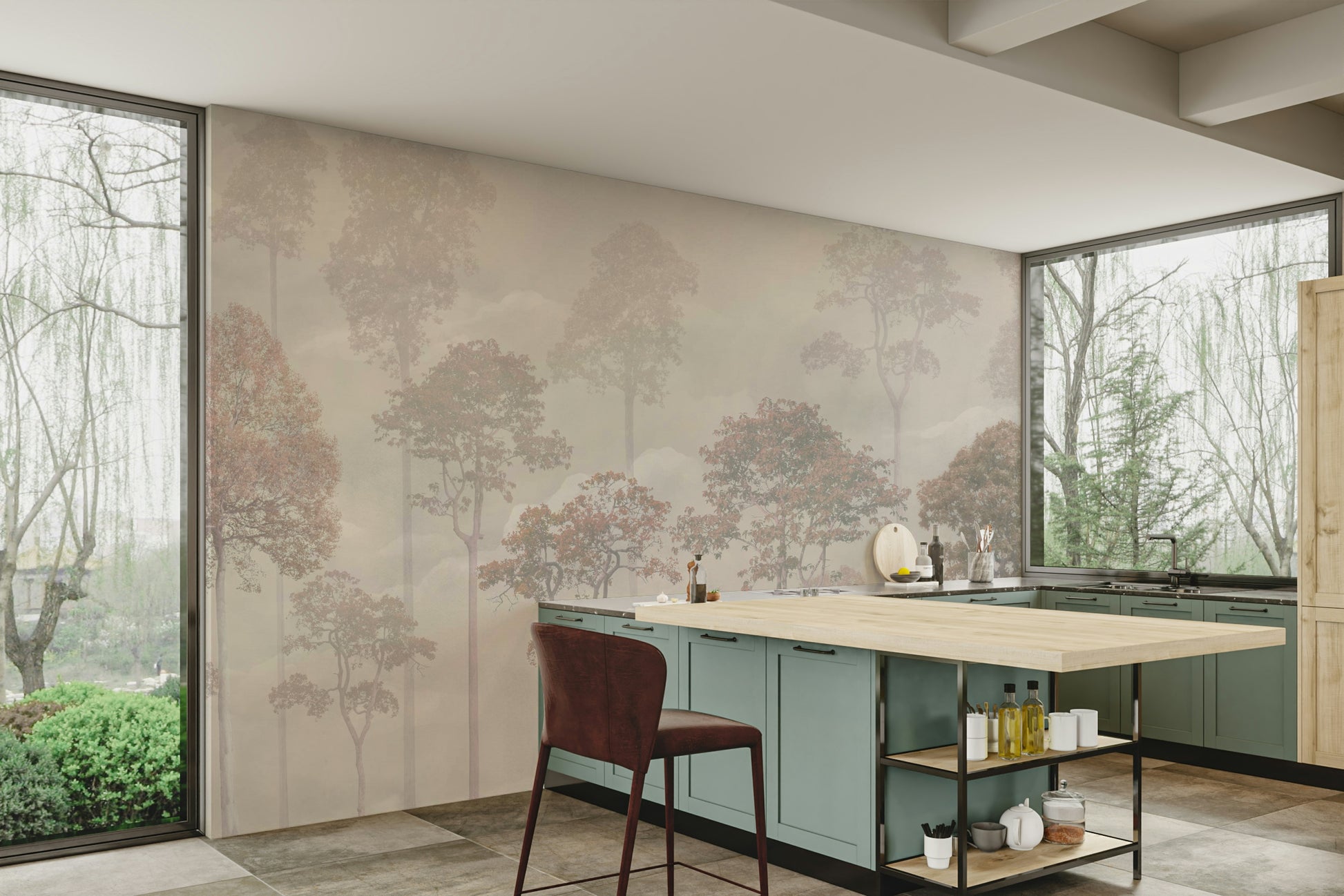 Nature themed wall mural with muted tones in a contemporary flat hallway.