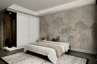 Whispering Woods Wall Mural showcasing a foggy morning in a serene guest room.
