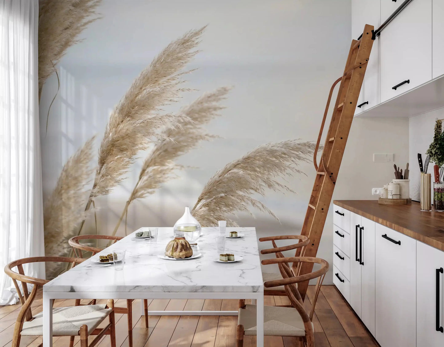 Calm Pampas wall mural gives an Kitchen and dining room a soft shoreline-inspired focus