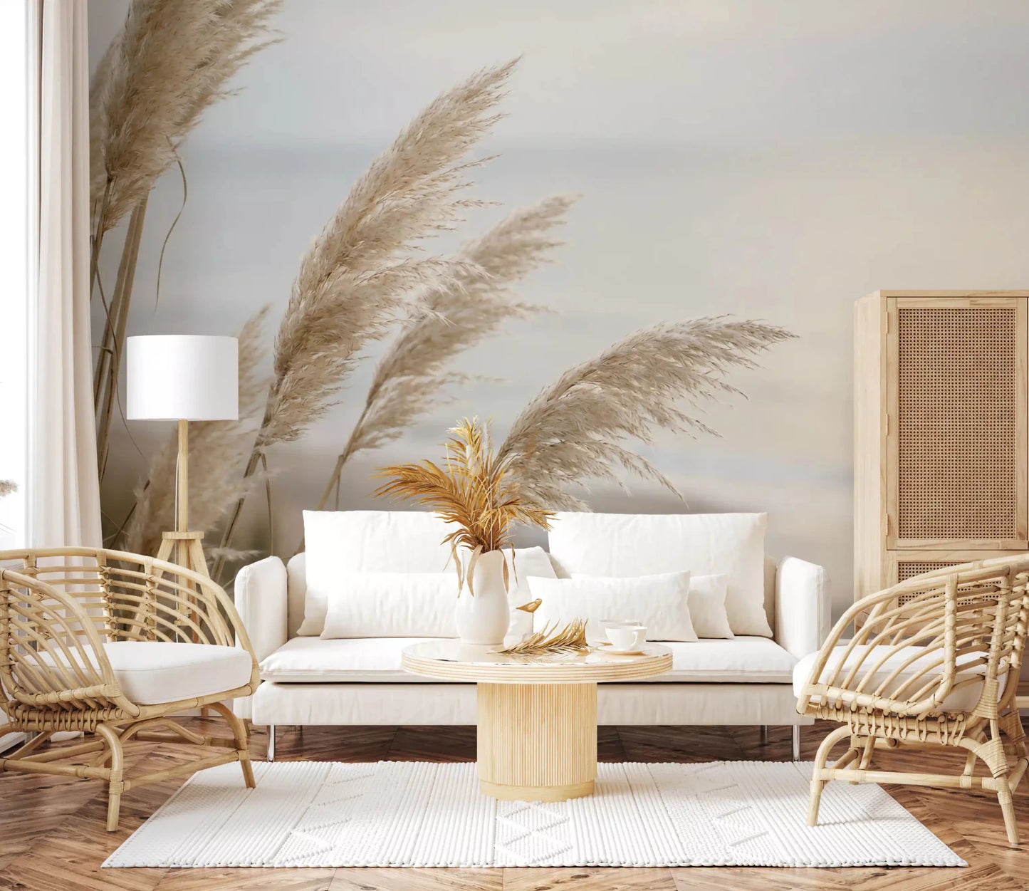 Soft Pampas Shore wall mural shows beige plumes swaying by a hazy coast