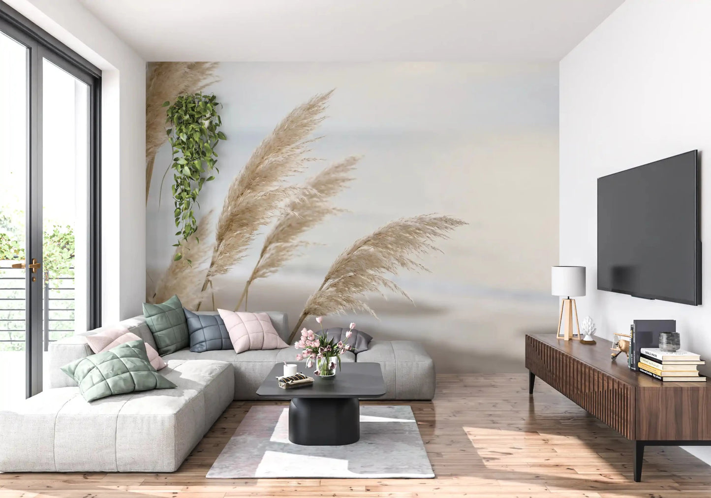Muted Pampas Shore wall mural suits a Living room with light woven accents