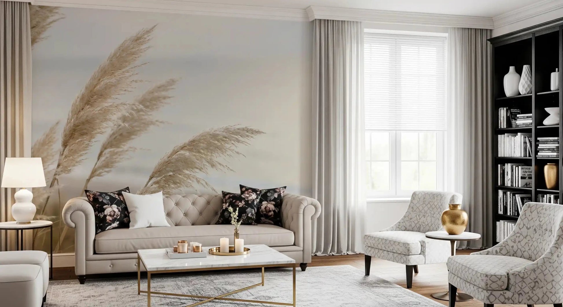 Pampas Shore wall mural brings calm texture to a Living area 