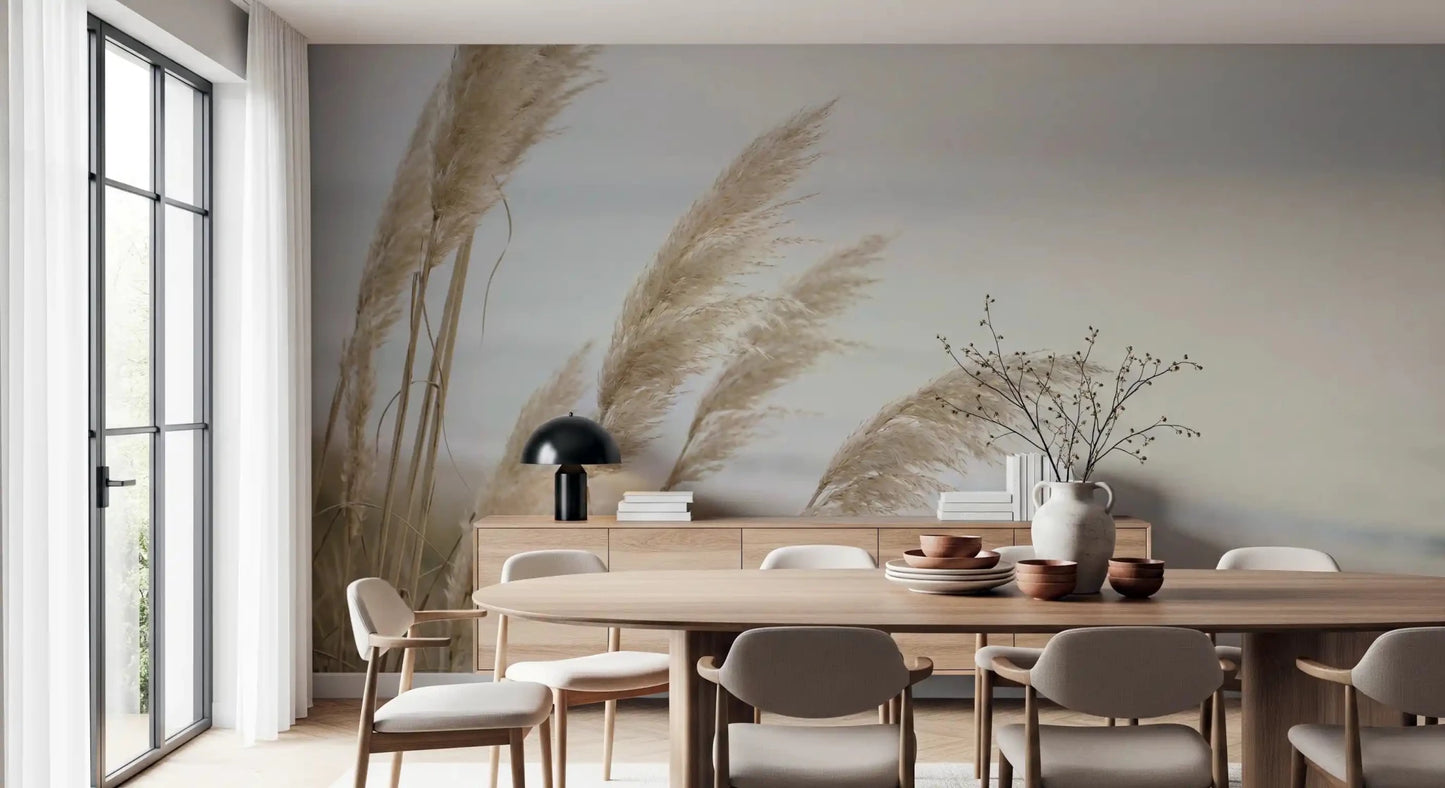 Coastal Pampas wall mural suits a Dining room with soft beige shoreline tones