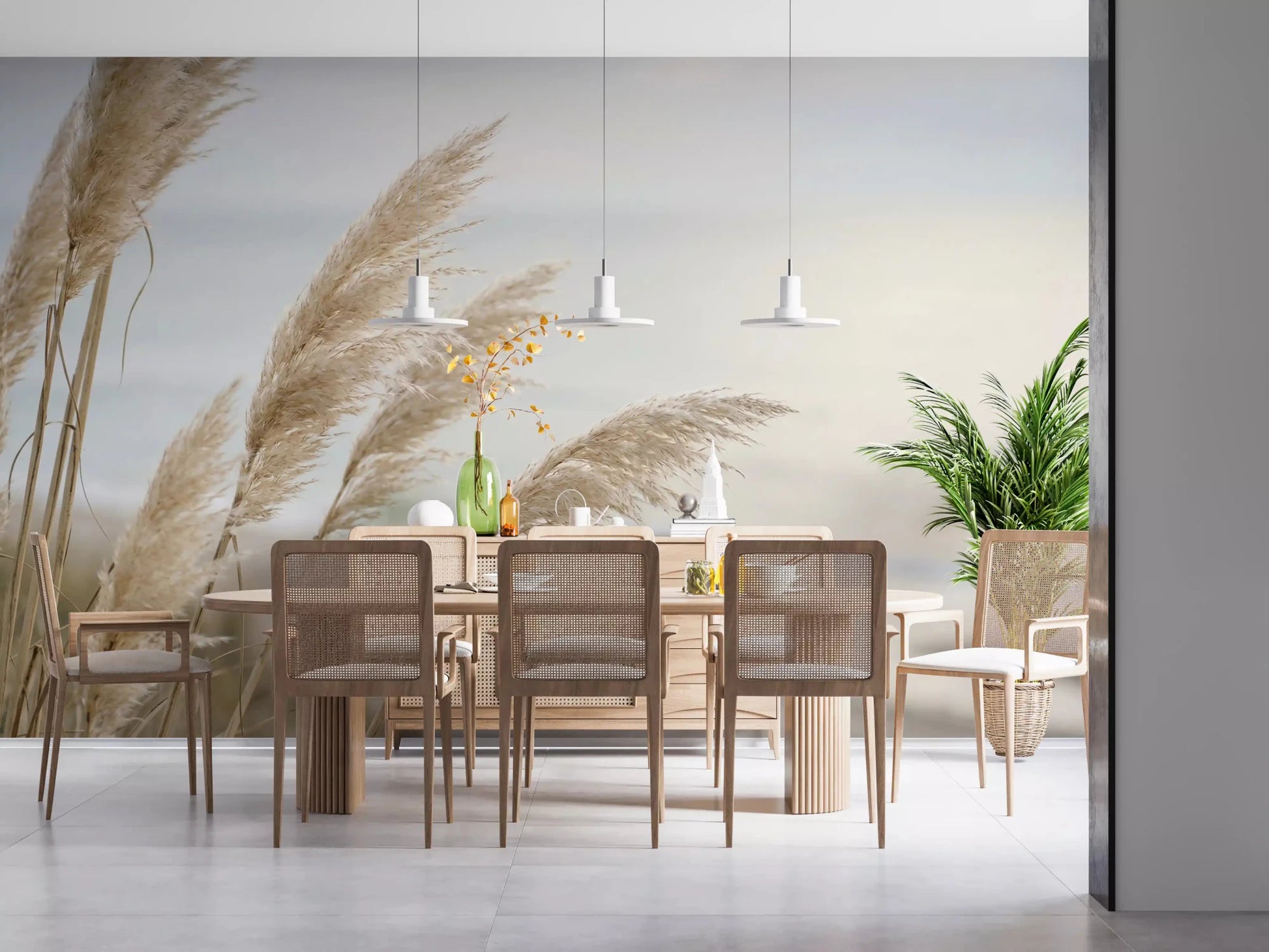 Pampas Breeze wall mural adds a gentle coastal touch to a Dining Space 