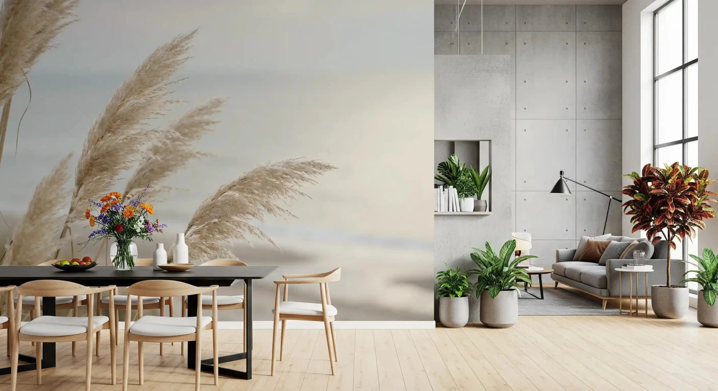 Soft Pampas wall mural pairs with a Living and dining room in sandy beige shades