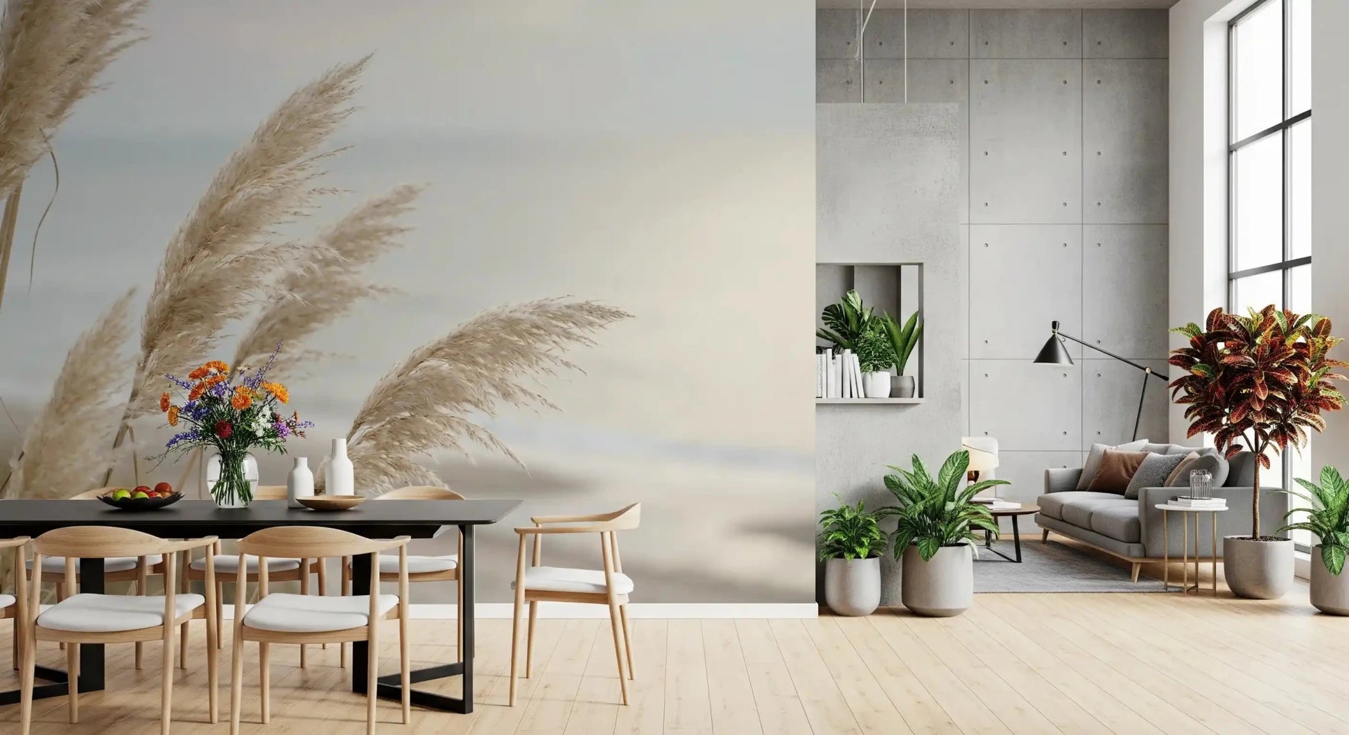 Soft Pampas wall mural pairs with a Living and dining room in sandy beige shades