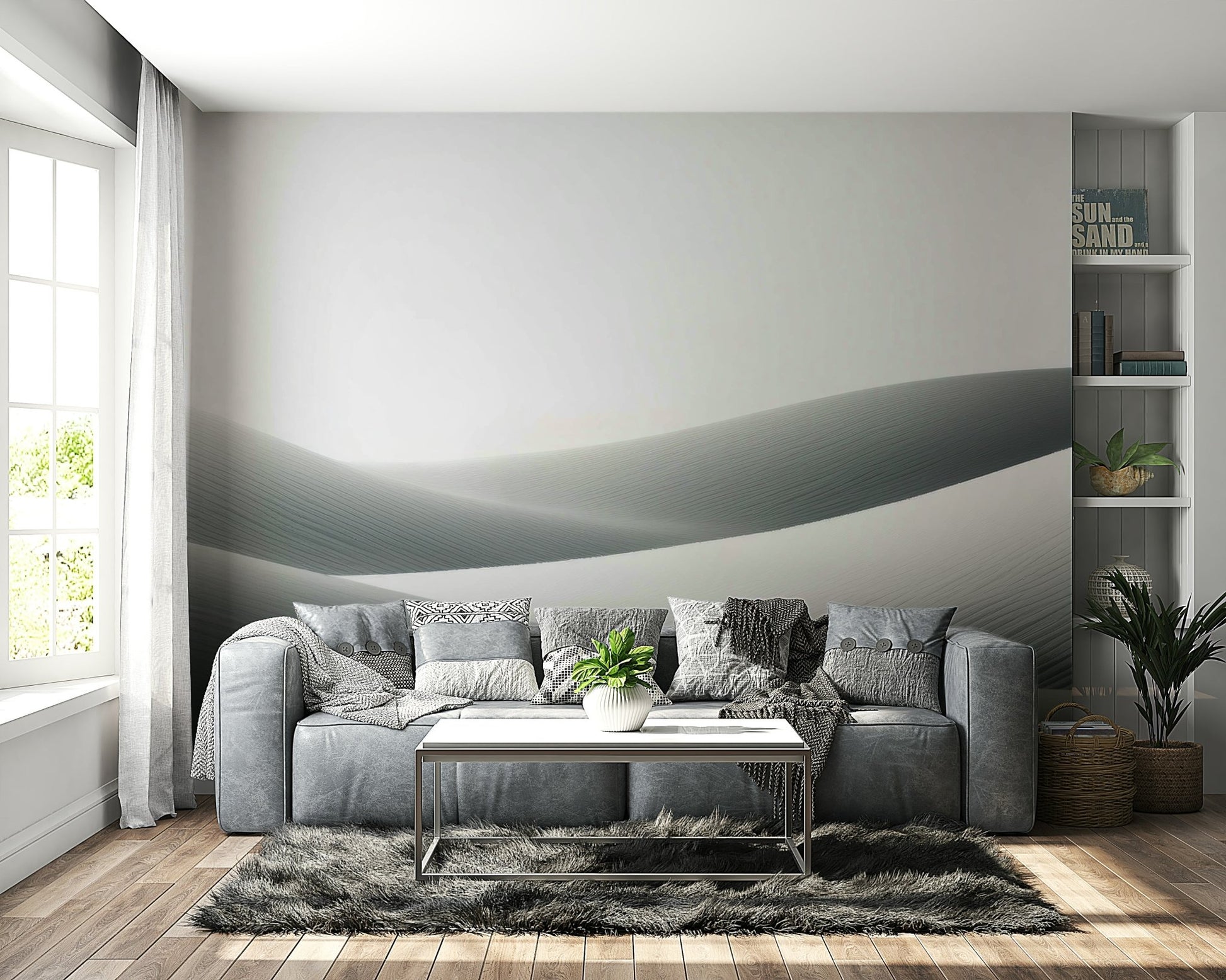 Peaceful bedroom with Whispers of the Dunes mural


