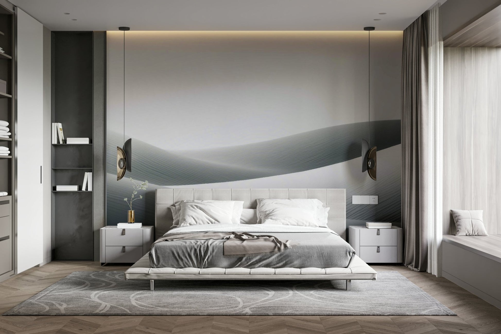 Minimalist living room featuring dune mural backdrop

