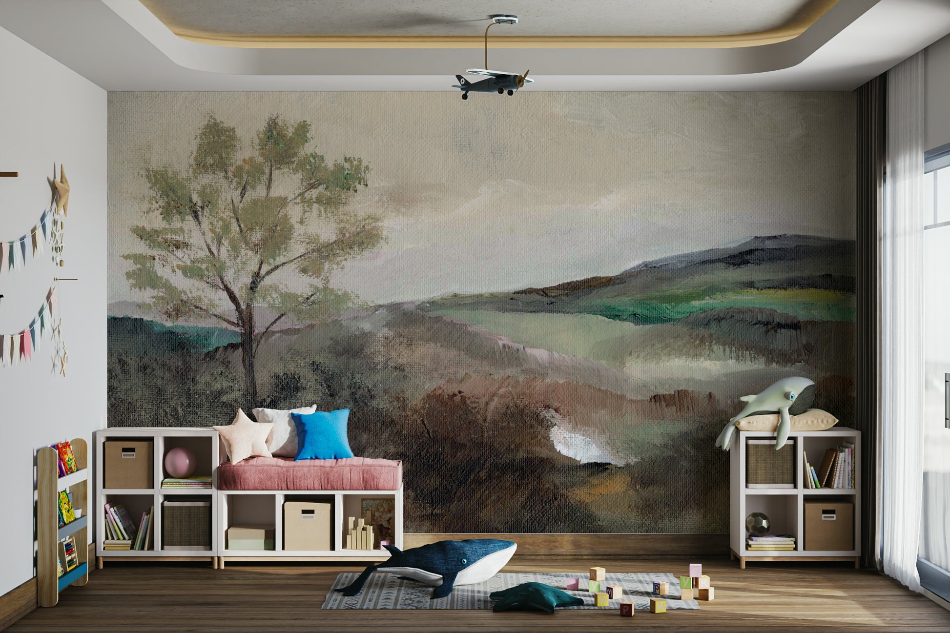 Misty landscape mural with gentle hill gradients

