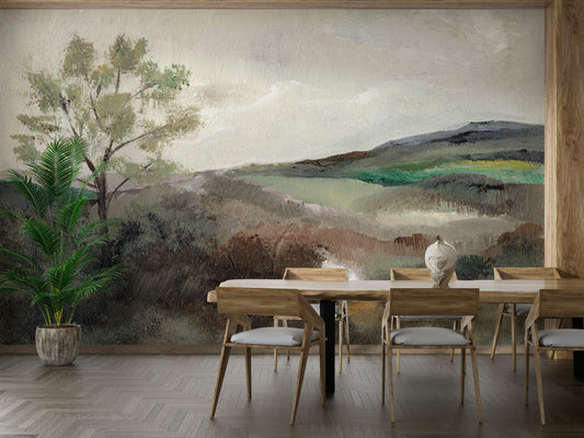 Tranquil hillscape wall mural in misty tones

