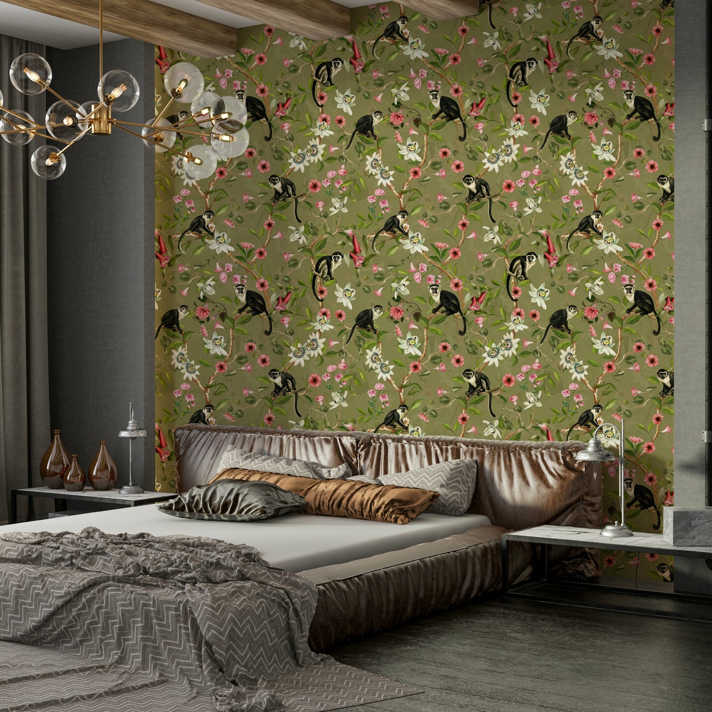 Nature-themed wallpaper with soft floral patterns and trailing greenery.


