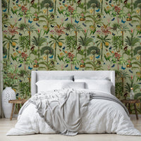 Whimsical jungle mural with pastel botanical elements.

