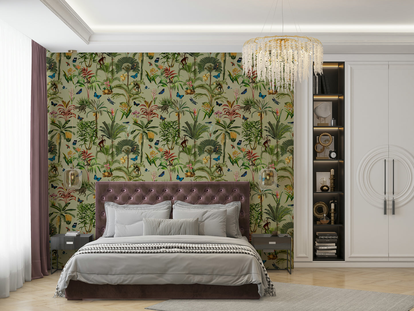 Soft botanical mural featuring pink, blue, and green flowers.

