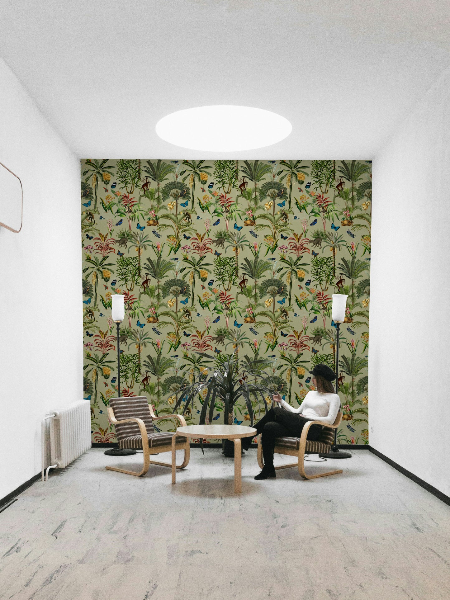 Jungle-inspired floral mural with airy watercolor backdrop.

