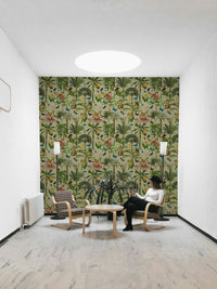 Jungle-inspired floral mural with airy watercolor backdrop.

