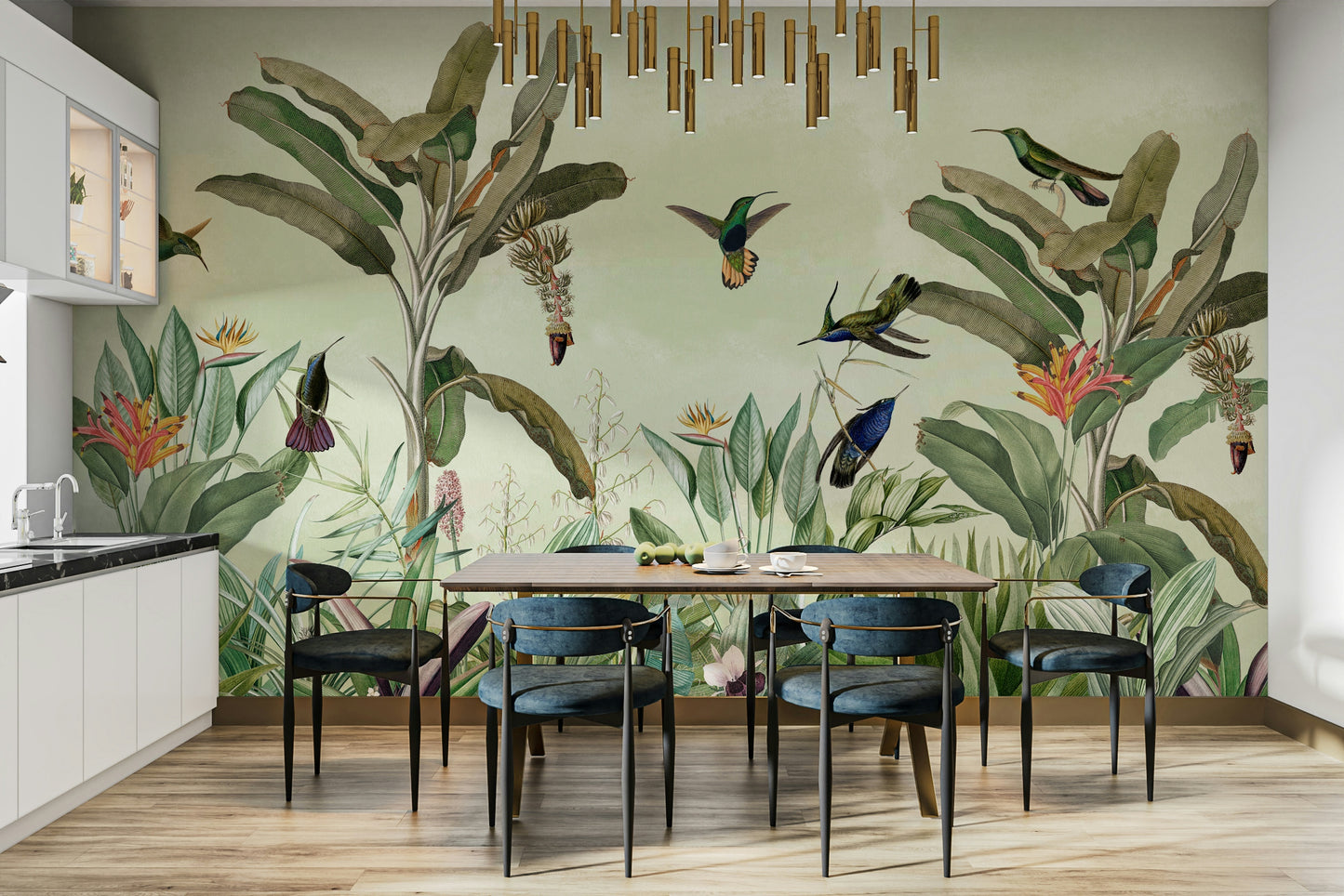 Wild jungle wall mural with detailed tropical vegetation

