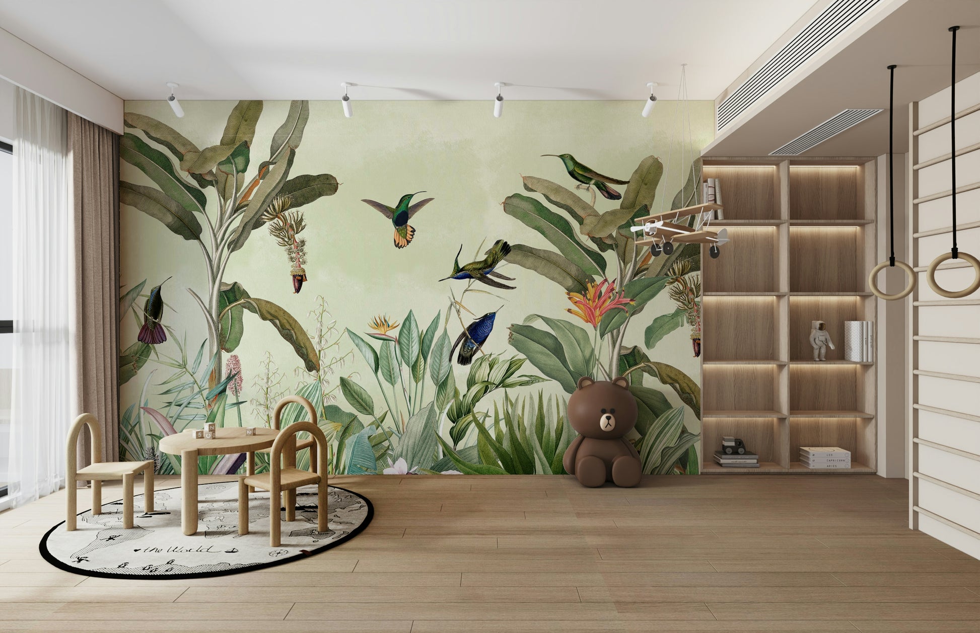 Whispers of the Jungle mural with lush green jungle setting

