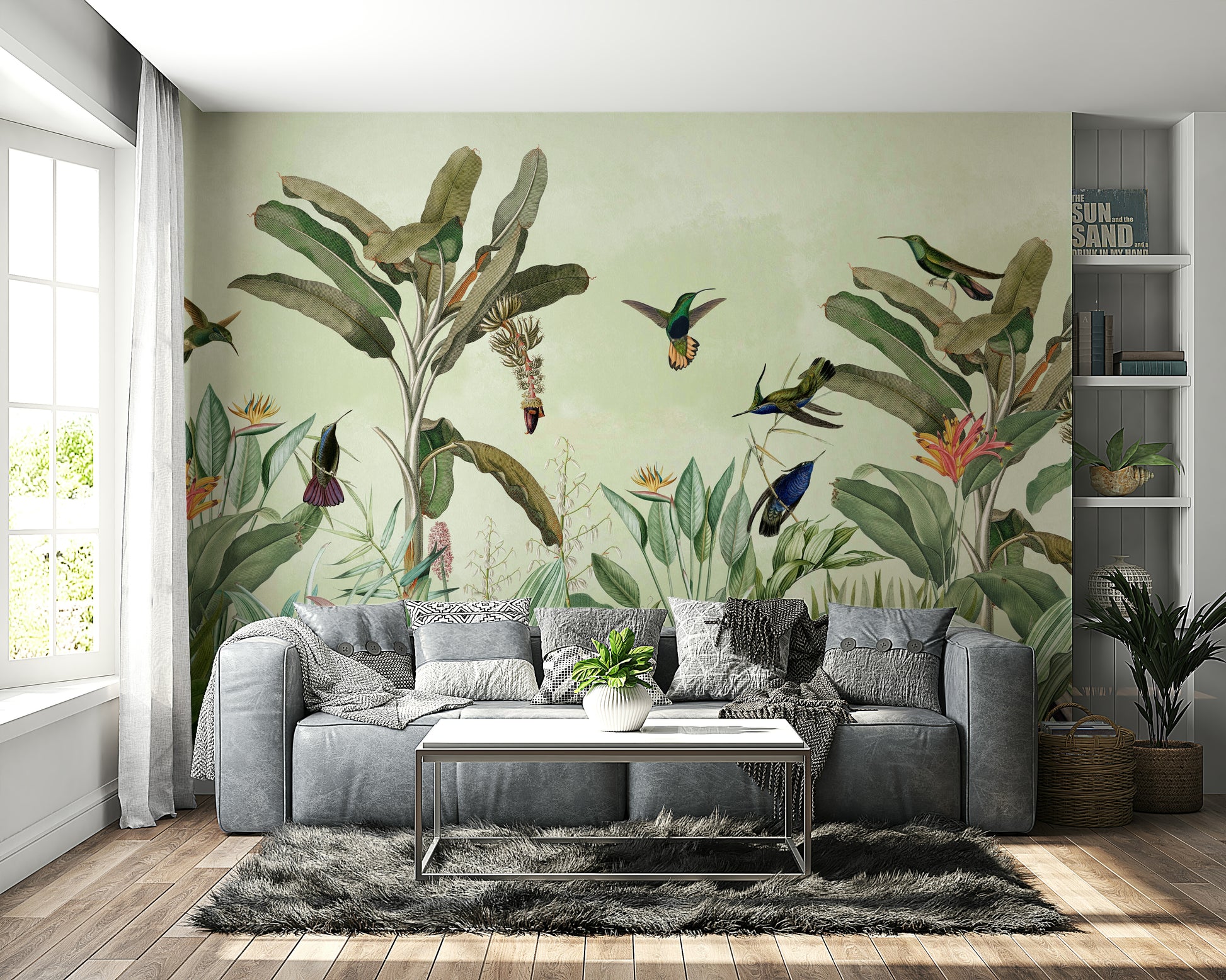 Jungle wall mural with colorful wildlife and plants


