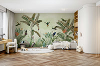 Wall mural featuring tropical jungle leaves and animals

