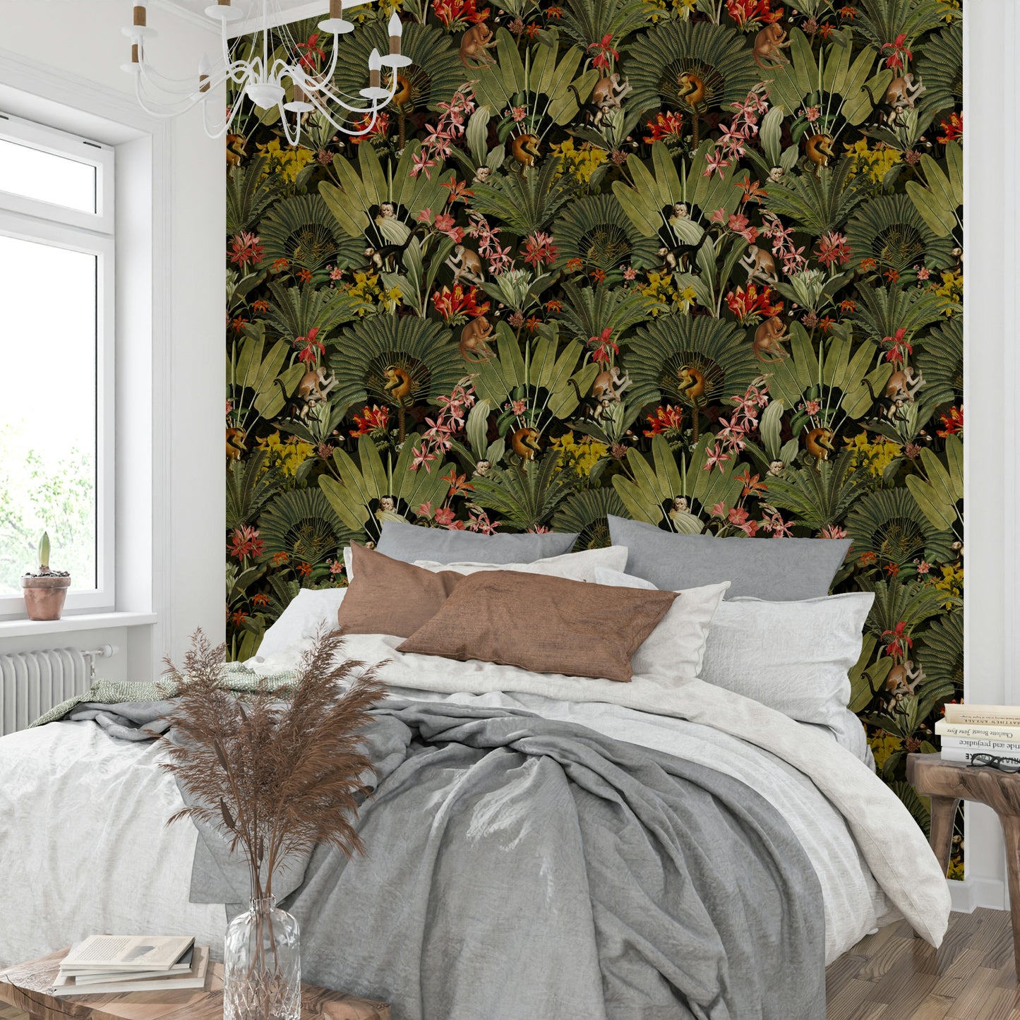 Jungle-themed wallpaper creating a serene, adventurous atmosphere

