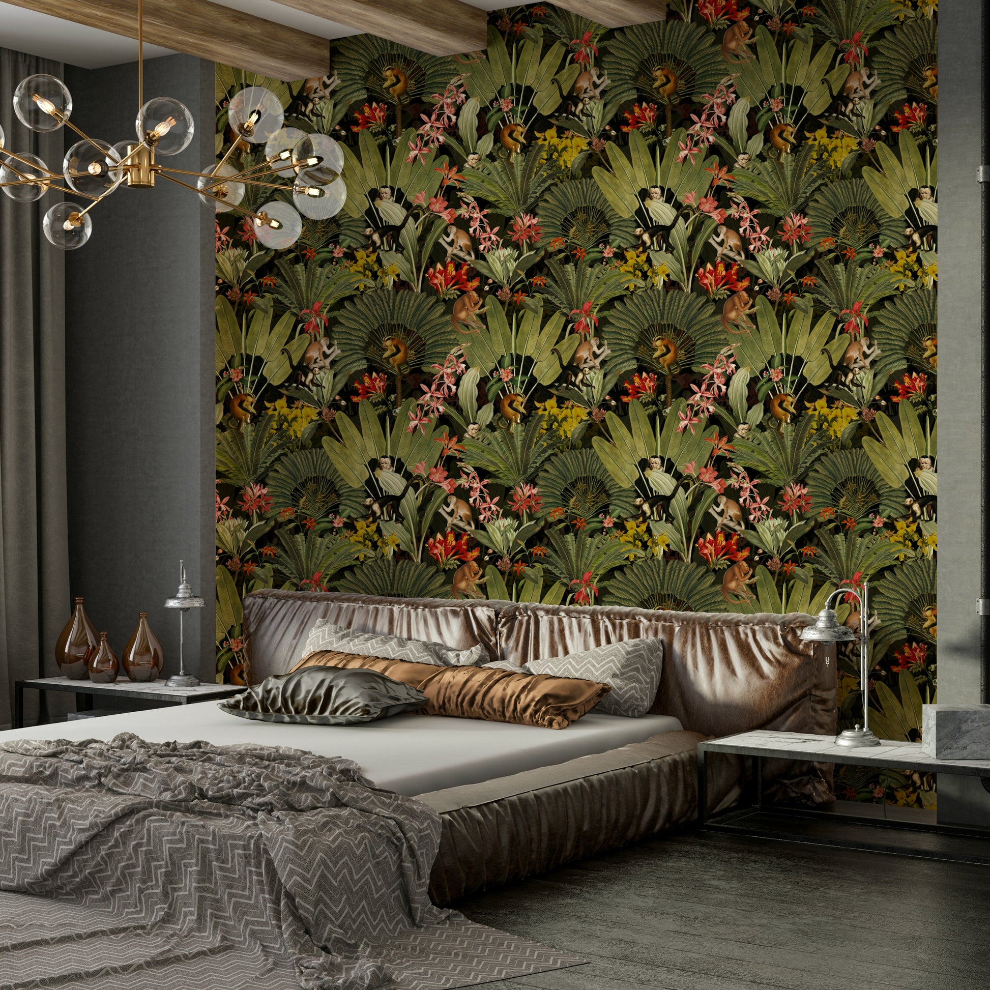 Nature-inspired wallpaper with exotic plants and subtle animal motifs


