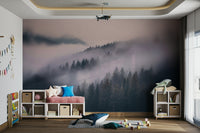Foggy tree silhouette mural in neutral tones

