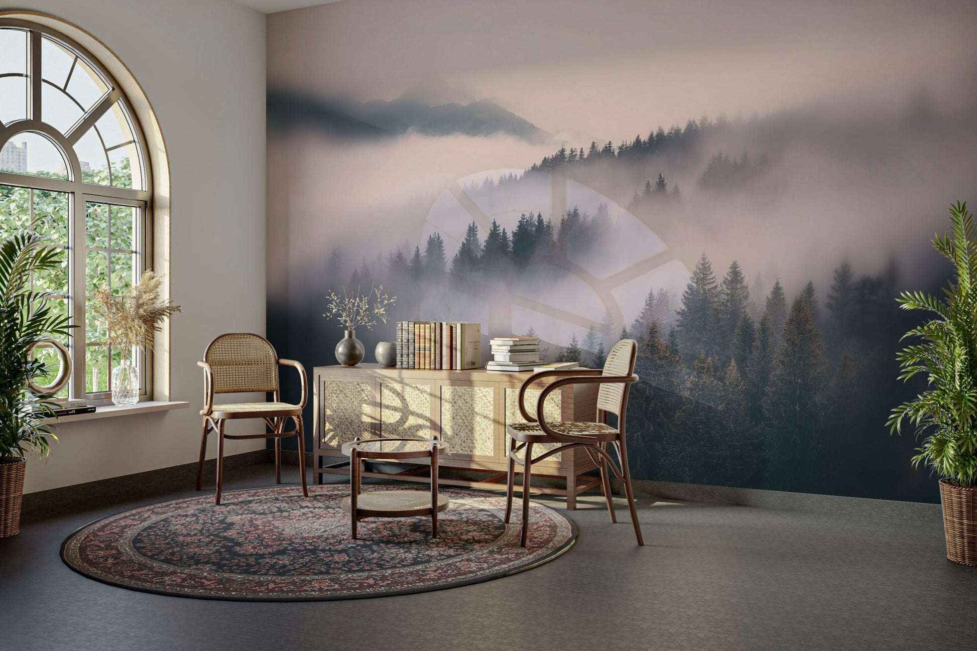 Ethereal mural of trees disappearing into mist

