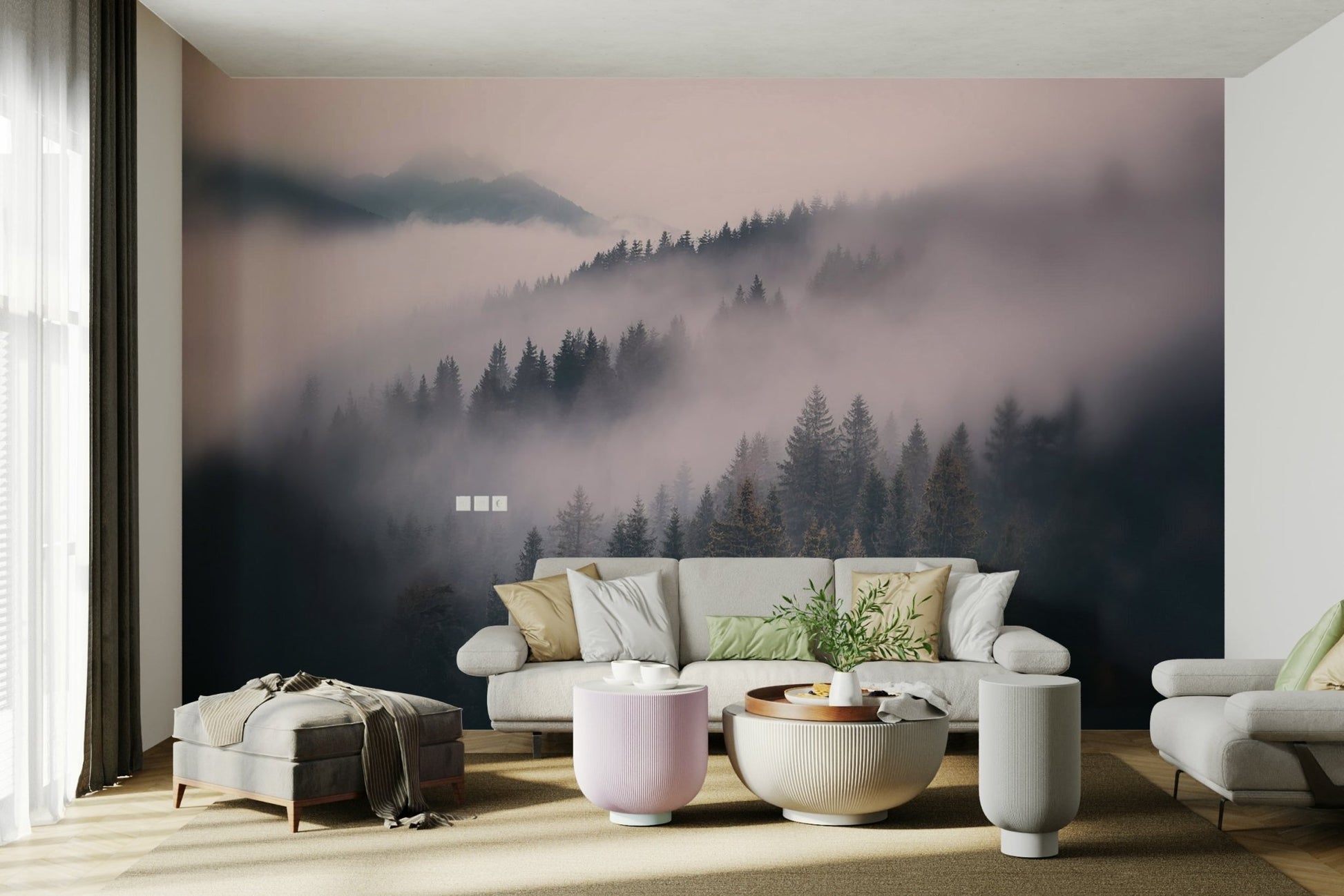 Tall trees fading into misty background mural

