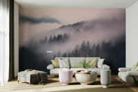 Tall trees fading into misty background mural

