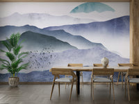Whispers of the Mountains Mural Wallpaper featuring misty peaks in an open-plan lounge.