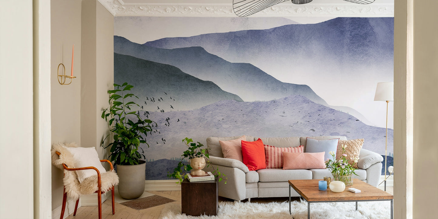 Abstract peak wall decor in a contemporary dining area with sleek furniture.