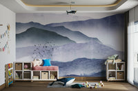 Neutral and blue mountain wallpaper for a hallway with modern home styling.