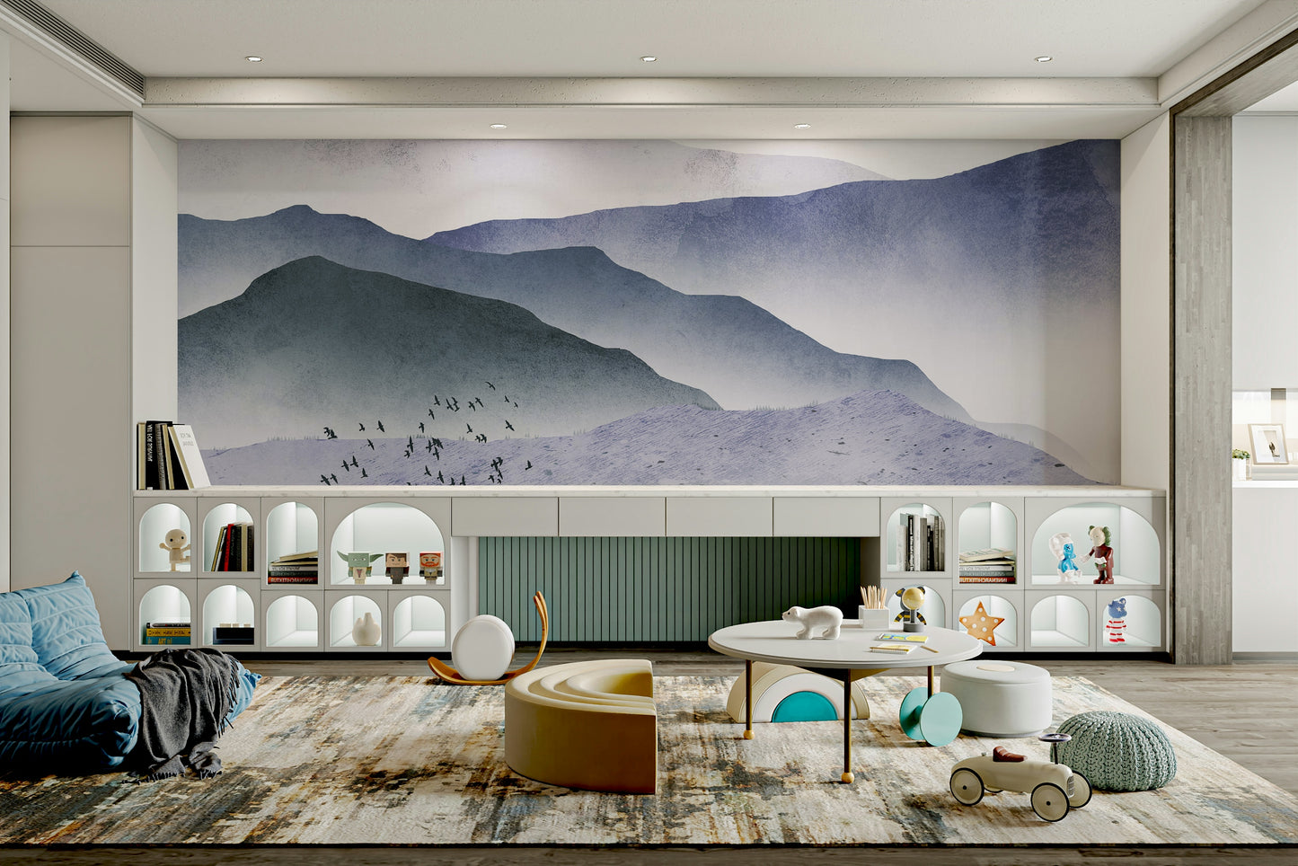 Whispers of the Mountains Mural Wallpaper showing layered blue ridges in a sunroom.